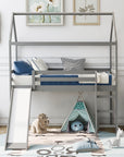 Twin Loft Bed with Slide, House Bed with Slide, Gray