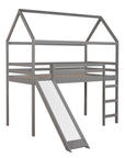 Twin Loft Bed with Slide, House Bed with Slide, Gray