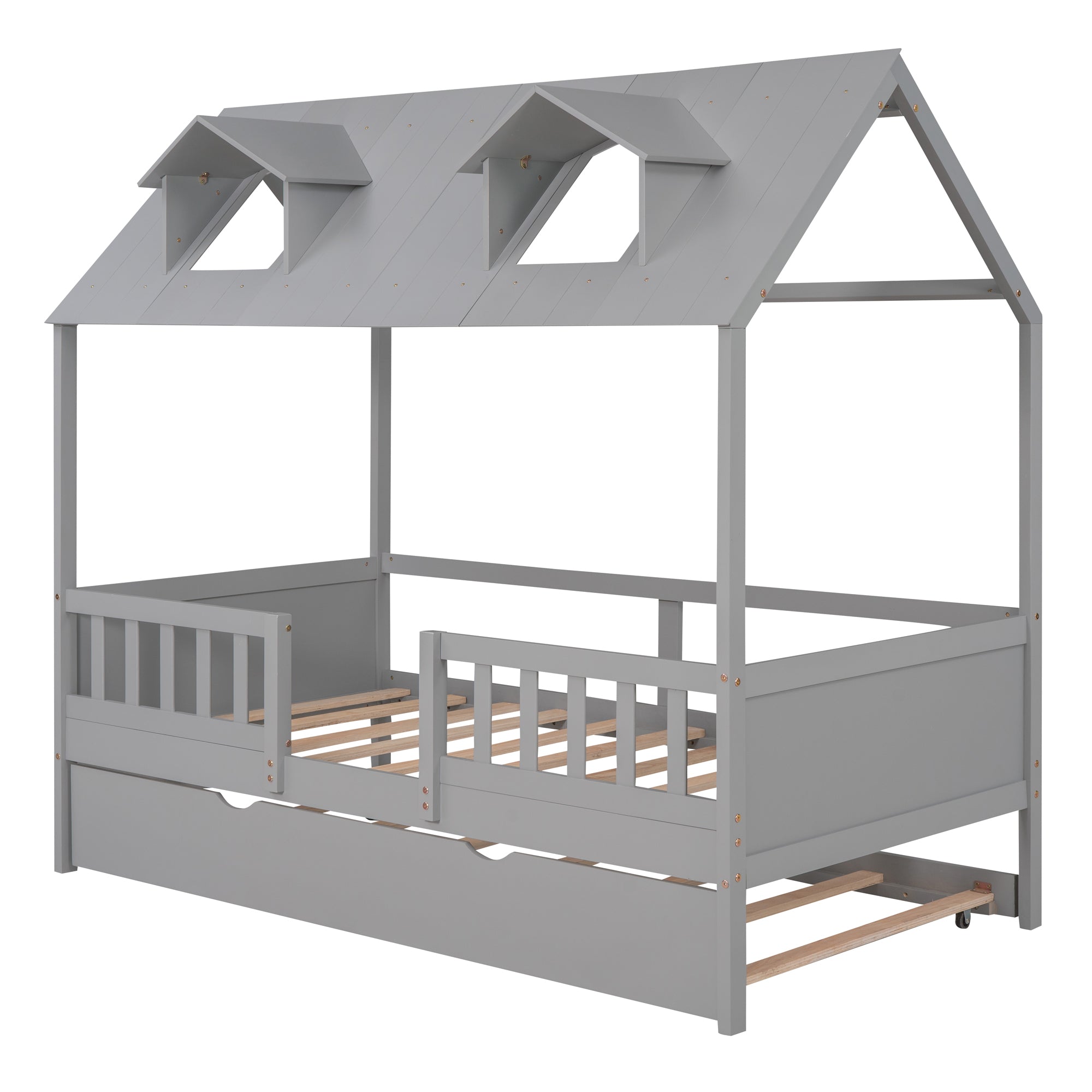 House Wood Kid's Bed with Wood Trundle