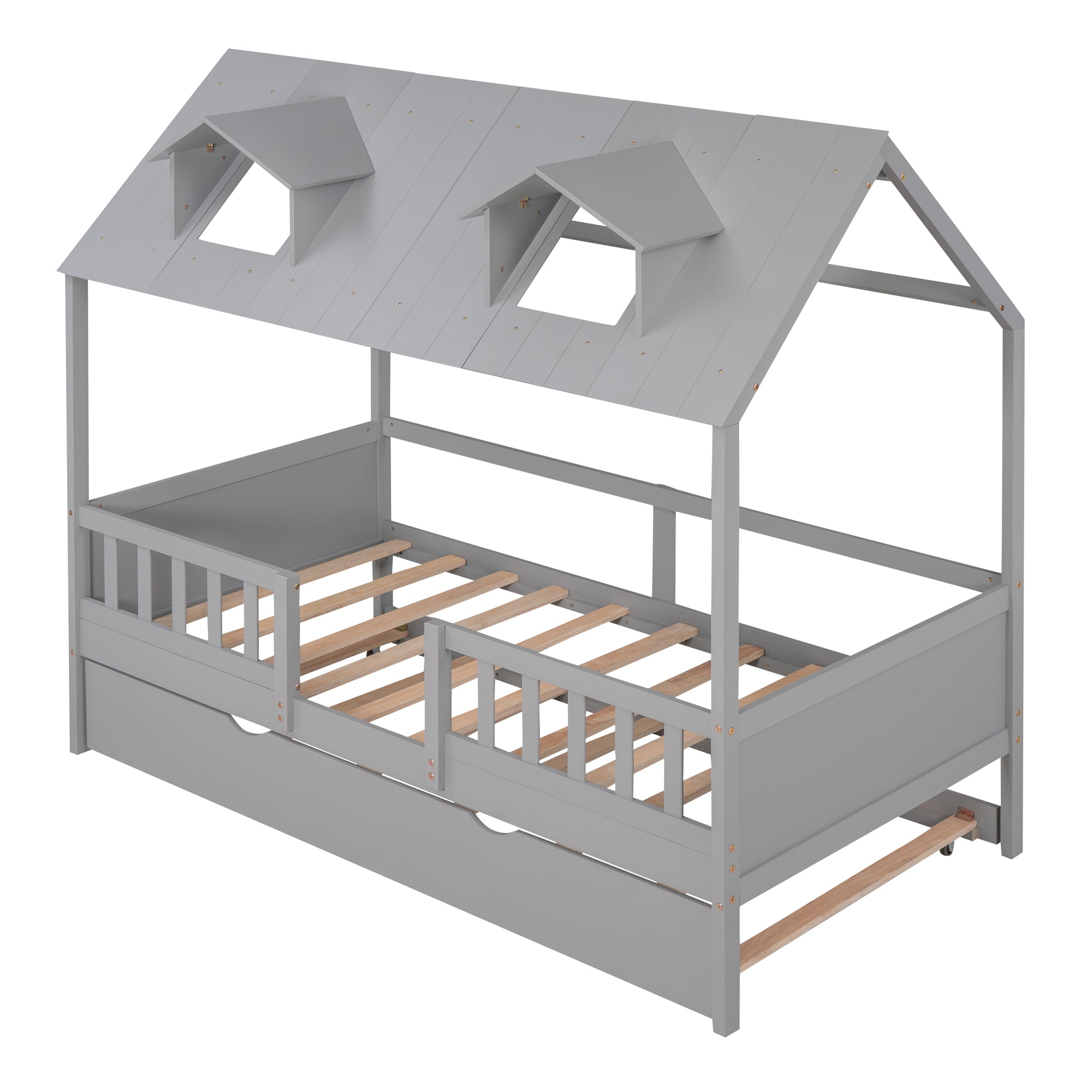 House Wood Kid's Bed with Wood Trundle