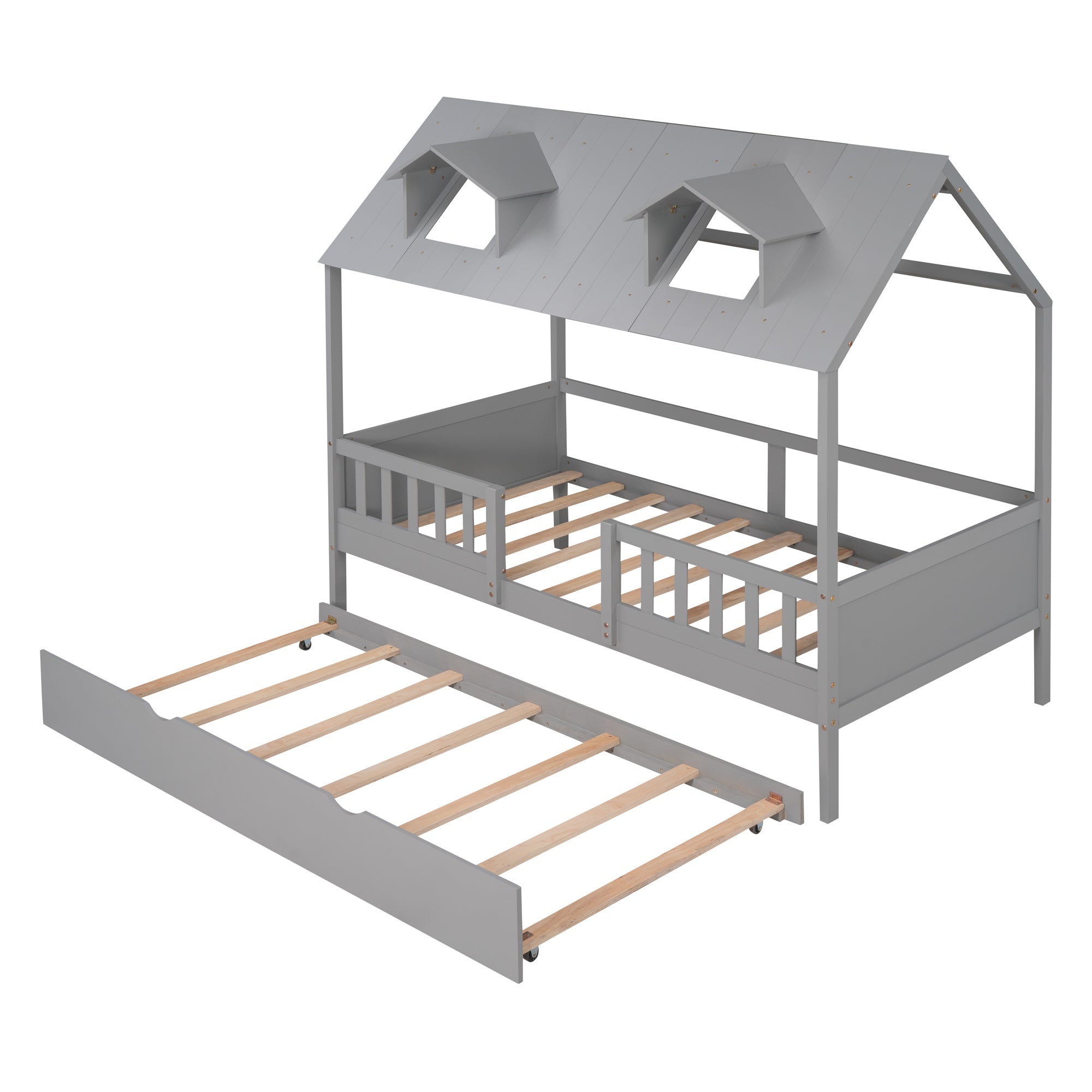 House Wood Kid's Bed with Wood Trundle