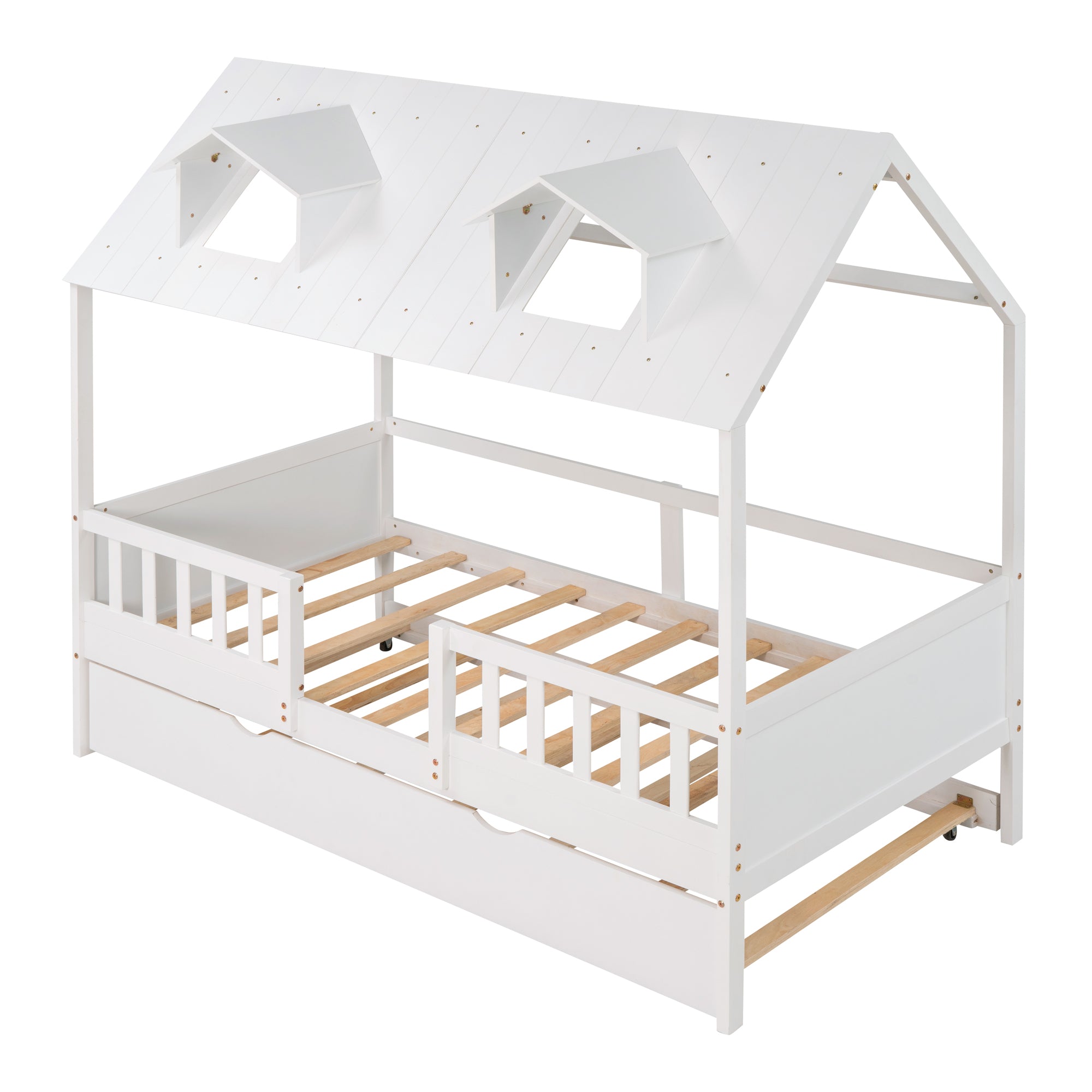House Wood Kid's Bed with Wood Trundle