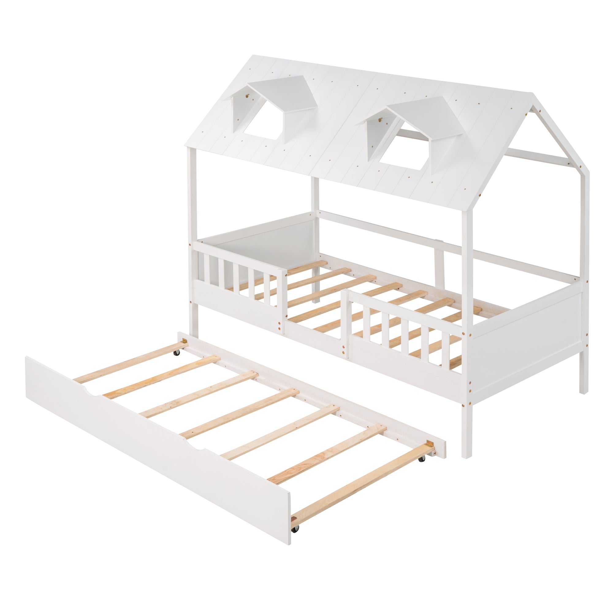 House Wood Kid's Bed with Wood Trundle