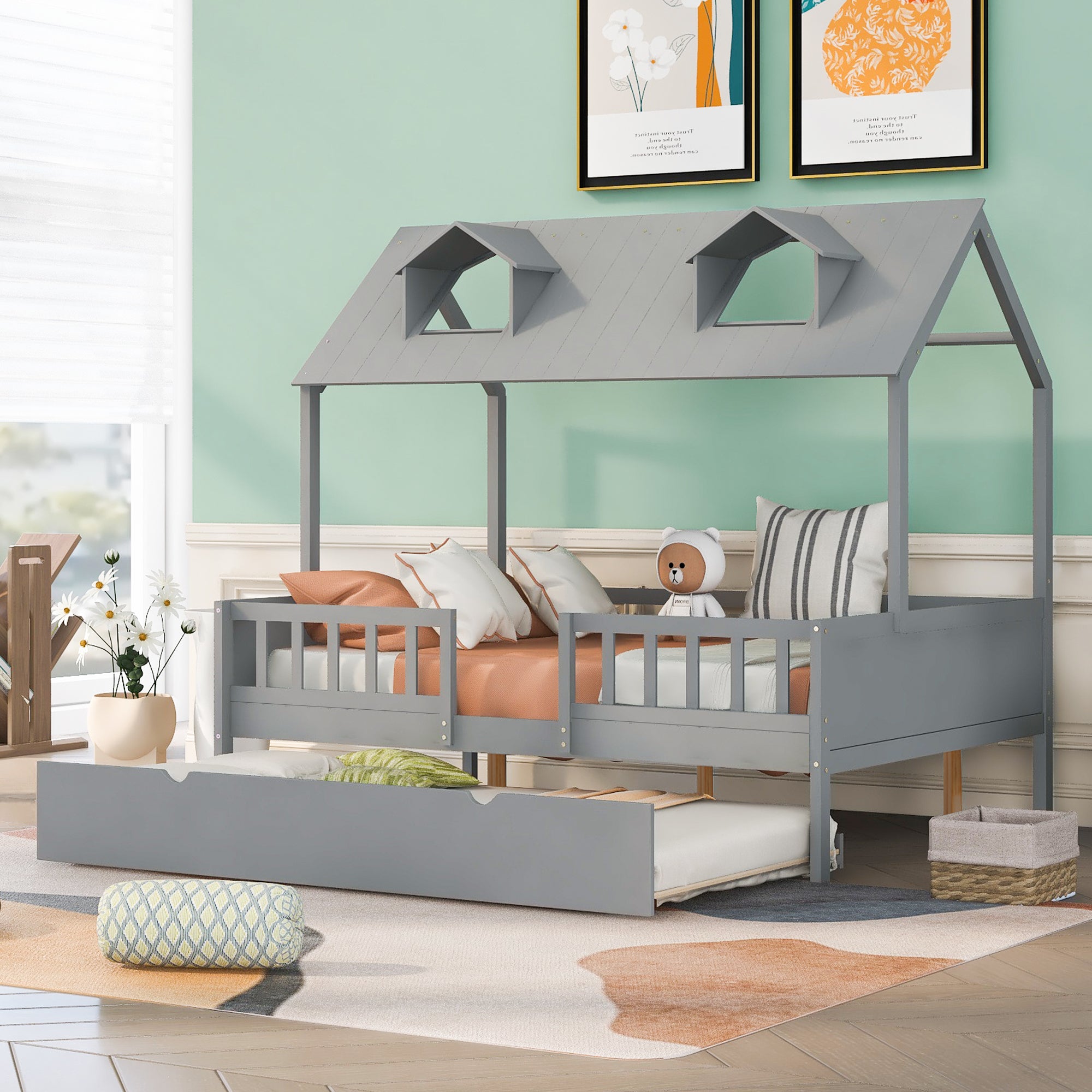 House Wood Kid's Bed with Wood Trundle