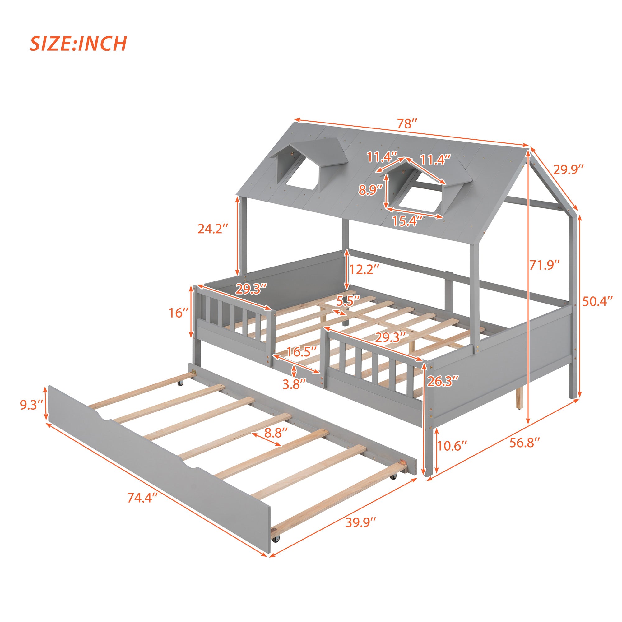House Wood Kid's Bed with Wood Trundle