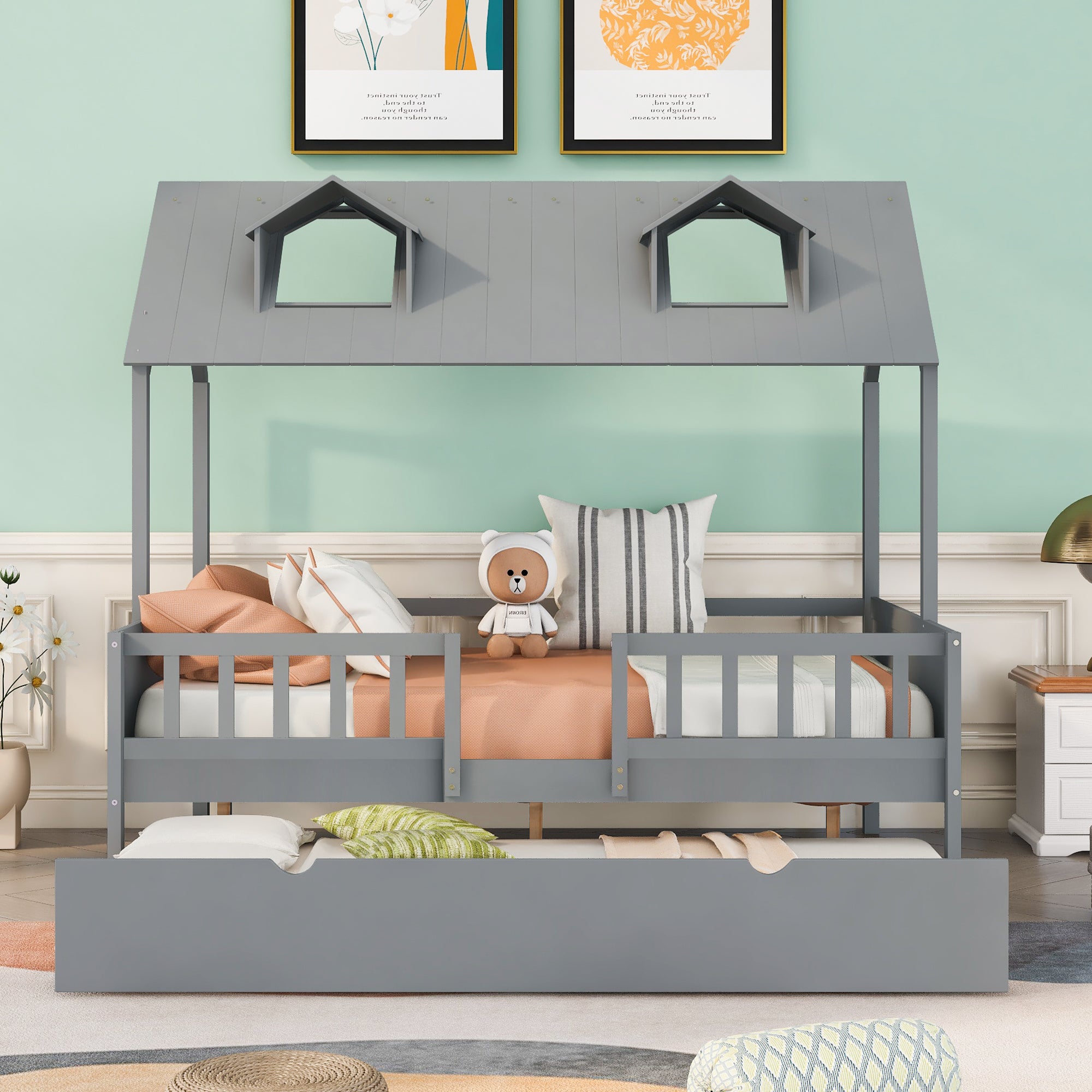 House Wood Kid's Bed with Wood Trundle