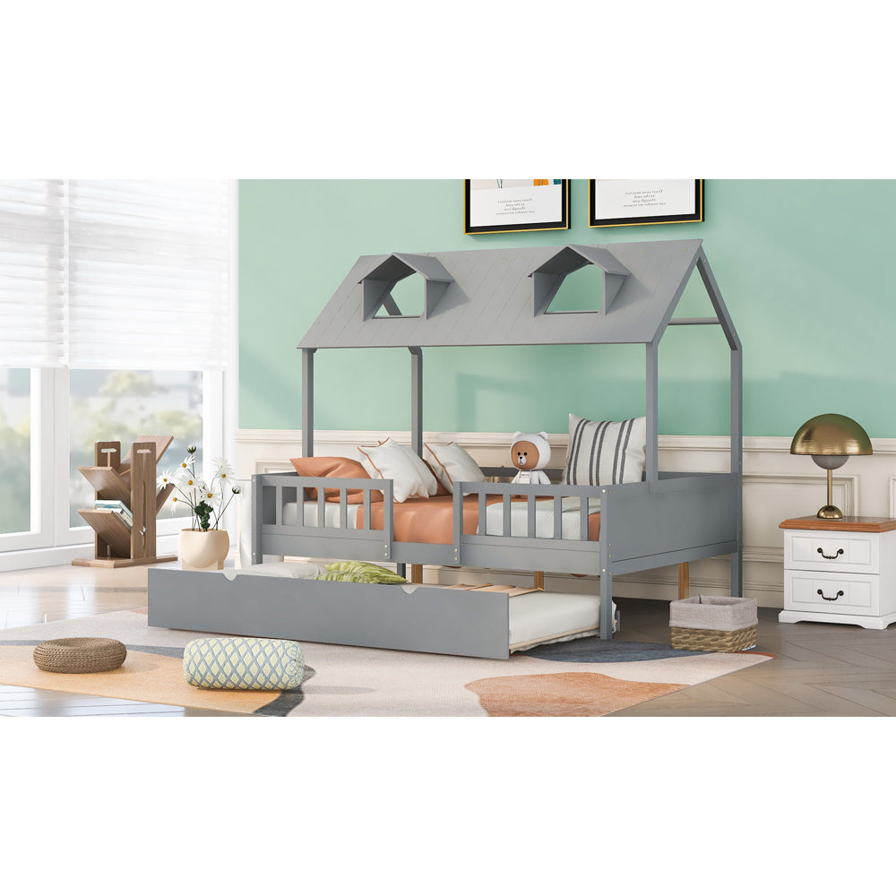 House Wood Kid's Bed with Wood Trundle