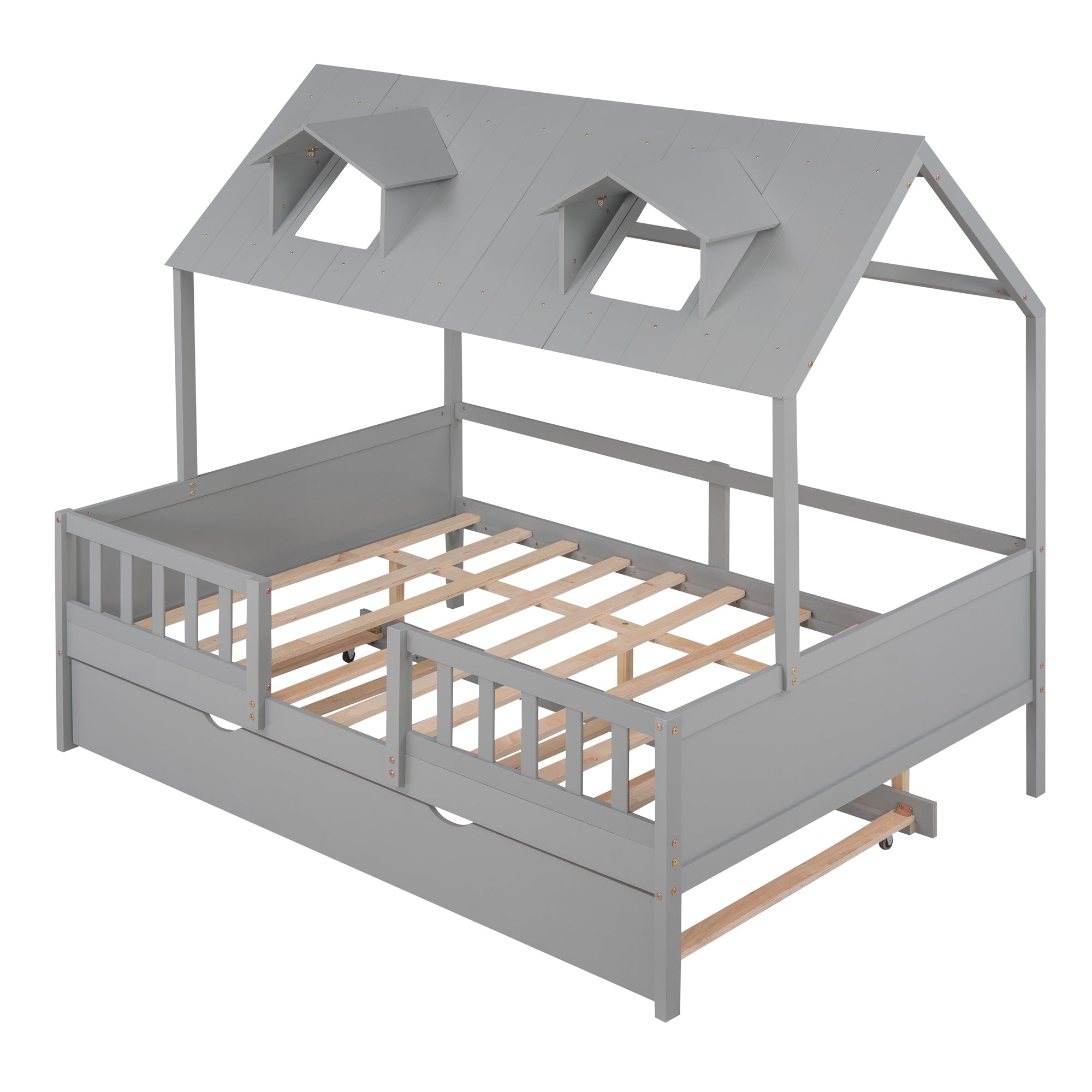 House Wood Kid's Bed with Wood Trundle