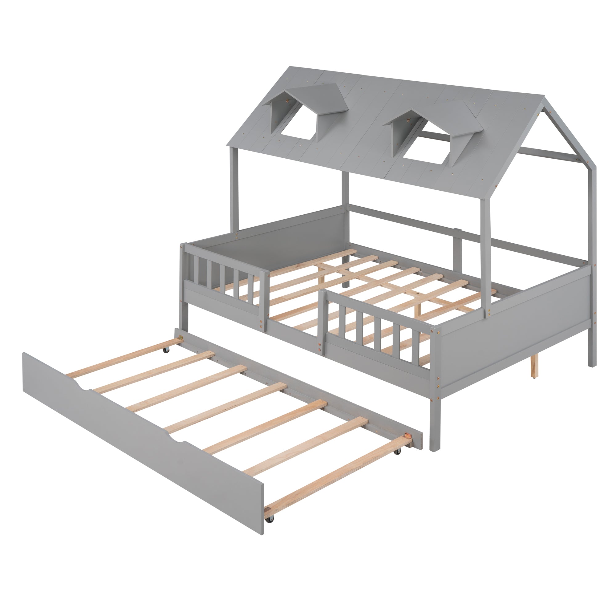 House Wood Kid's Bed with Wood Trundle