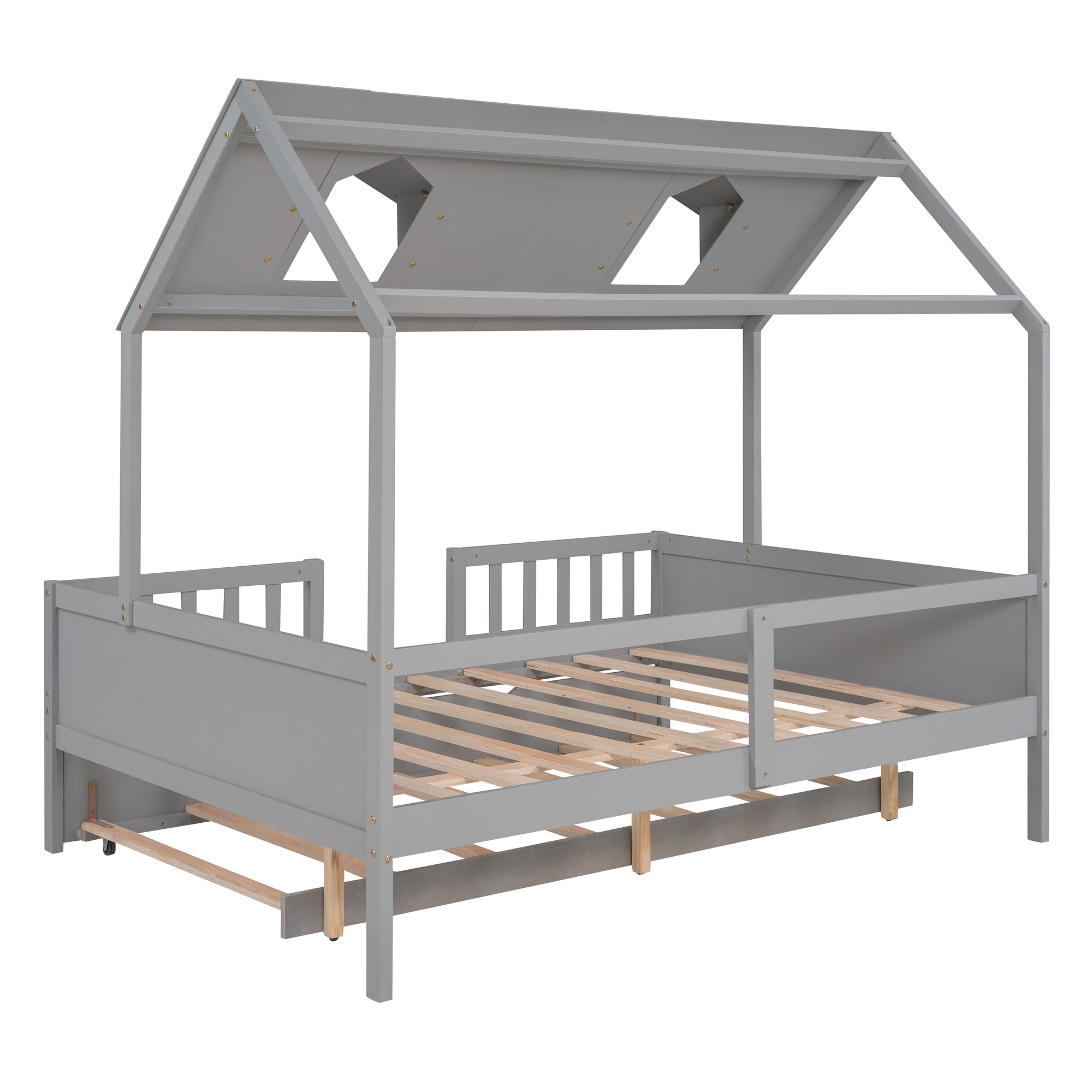 House Wood Kid's Bed with Wood Trundle