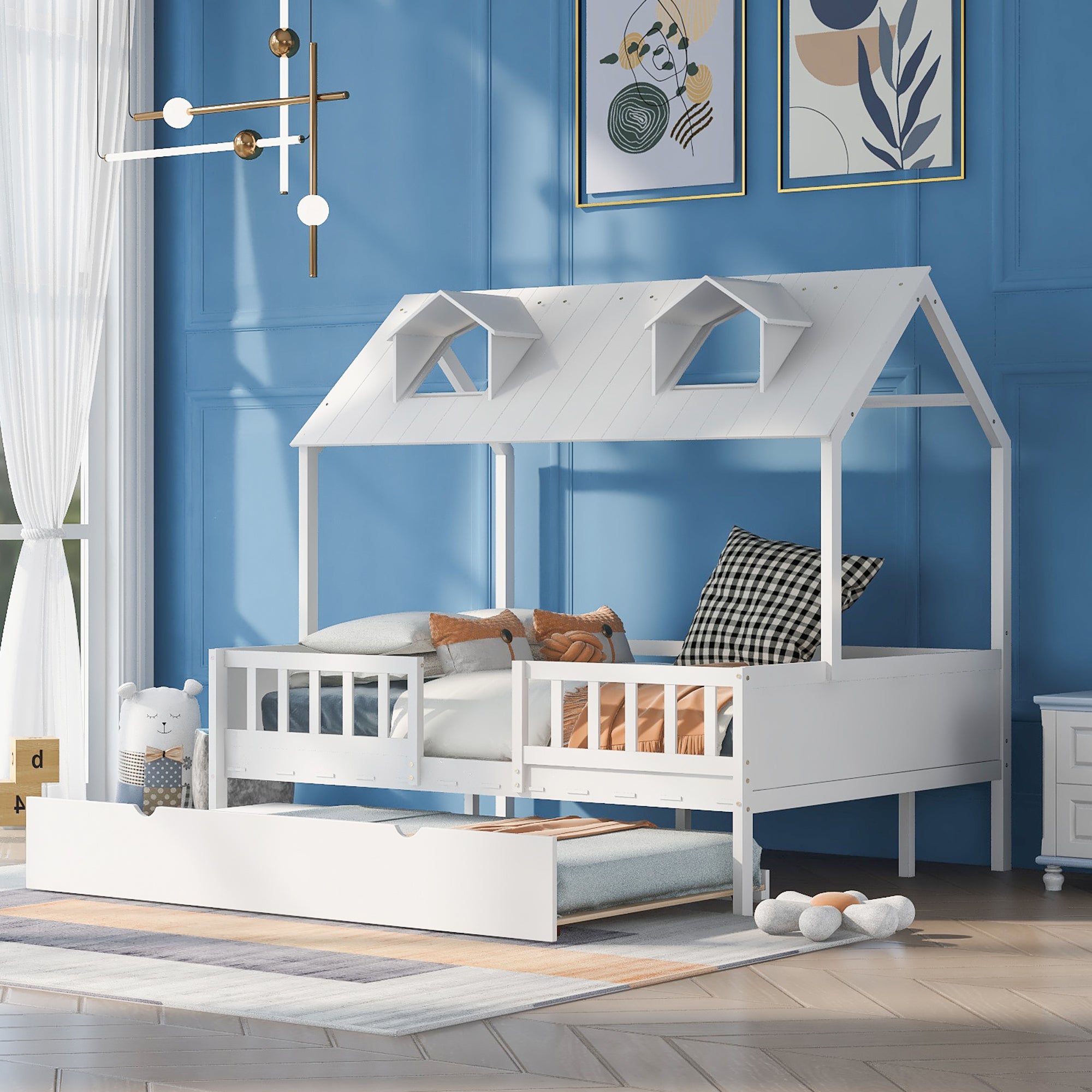 House Wood Kid's Bed with Wood Trundle