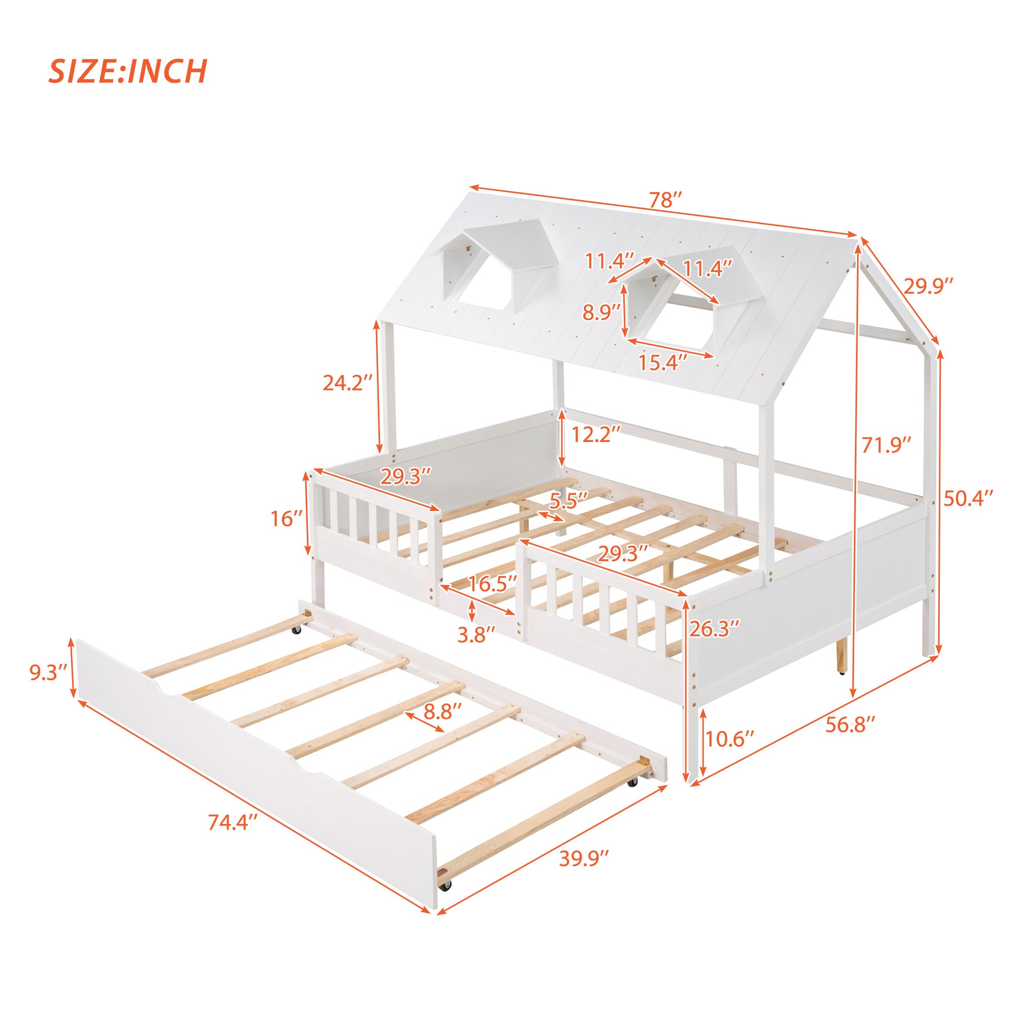 House Wood Kid's Bed with Wood Trundle