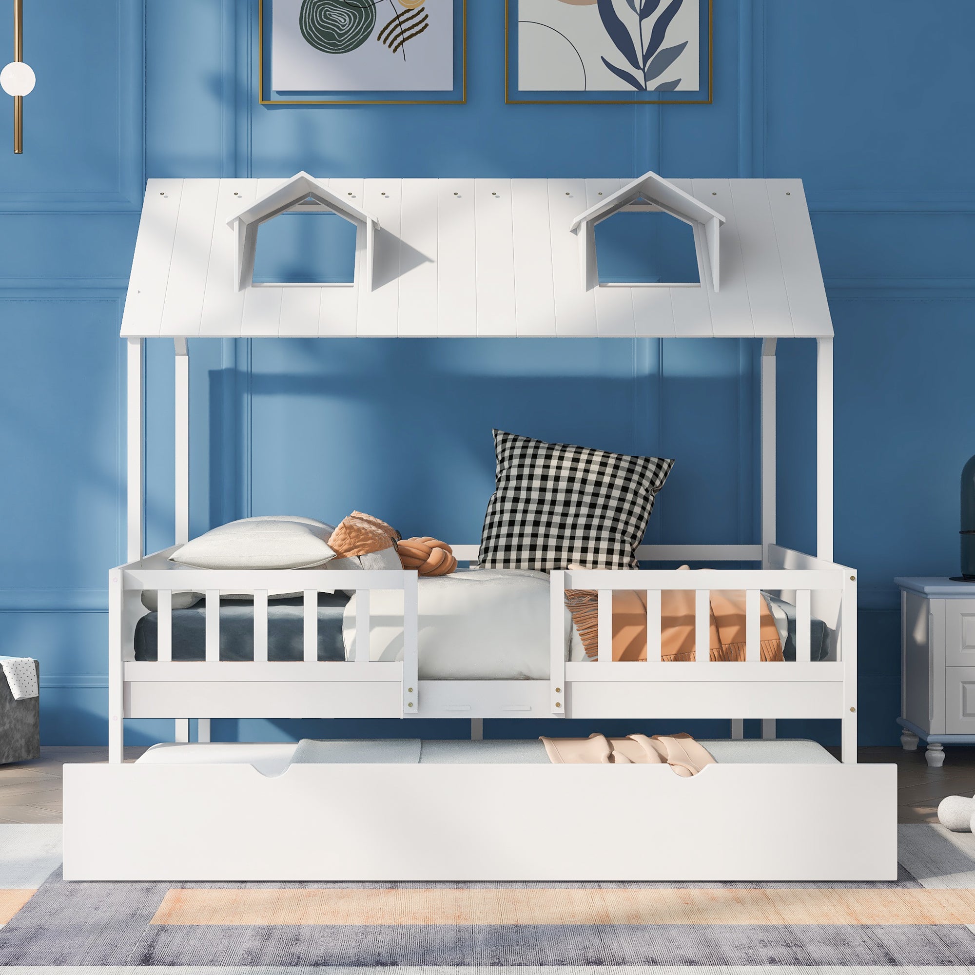 House Wood Kid's Bed with Wood Trundle