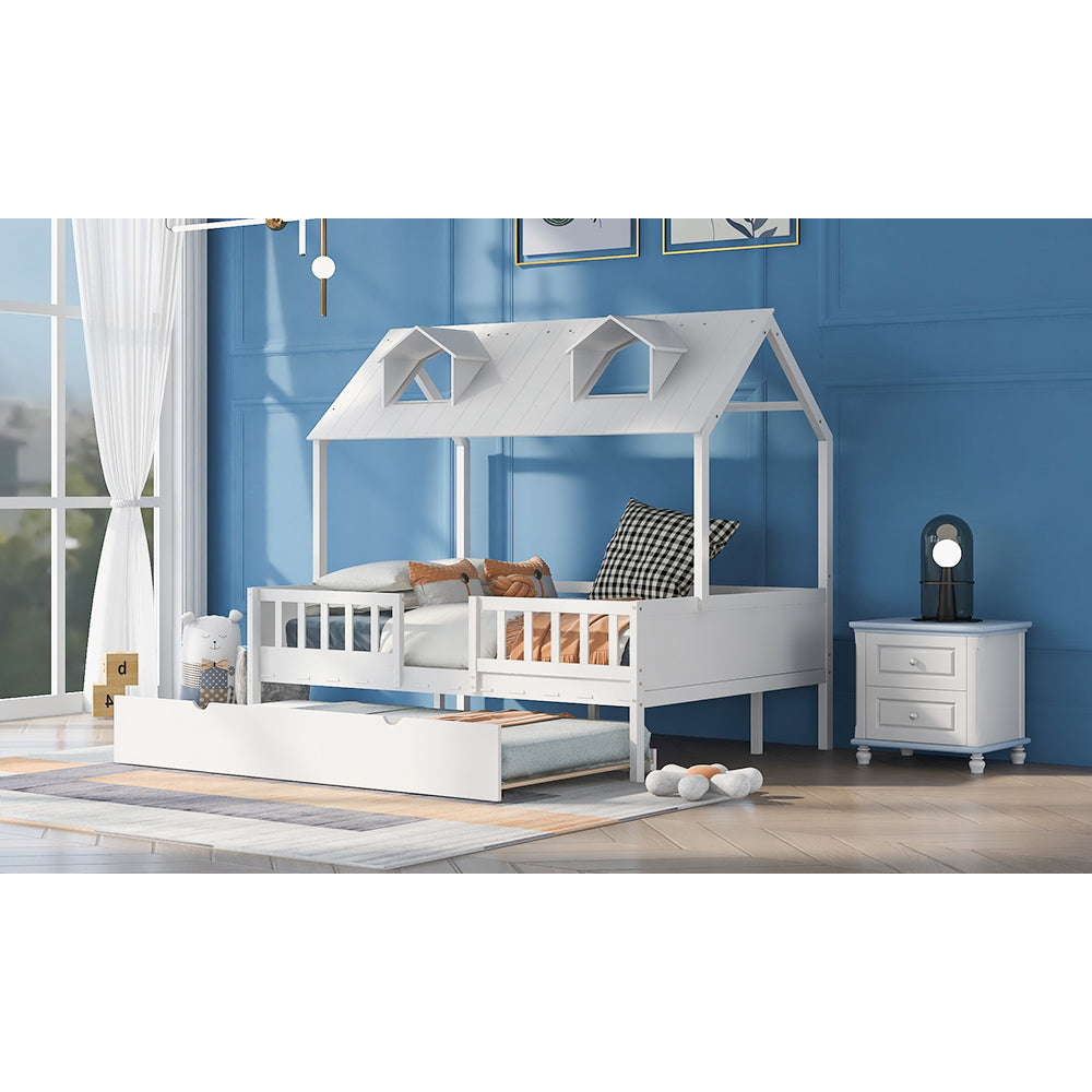 House Wood Kid's Bed with Wood Trundle