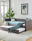 Velvet Upholstered Twin Size Button-Tufted Sofa Daybed with Trundle, Grey