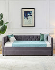 Velvet Upholstered Twin Size Button-Tufted Sofa Daybed with Trundle, Grey