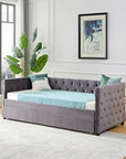 Velvet Upholstered Twin Size Button-Tufted Sofa Daybed with Trundle, Grey