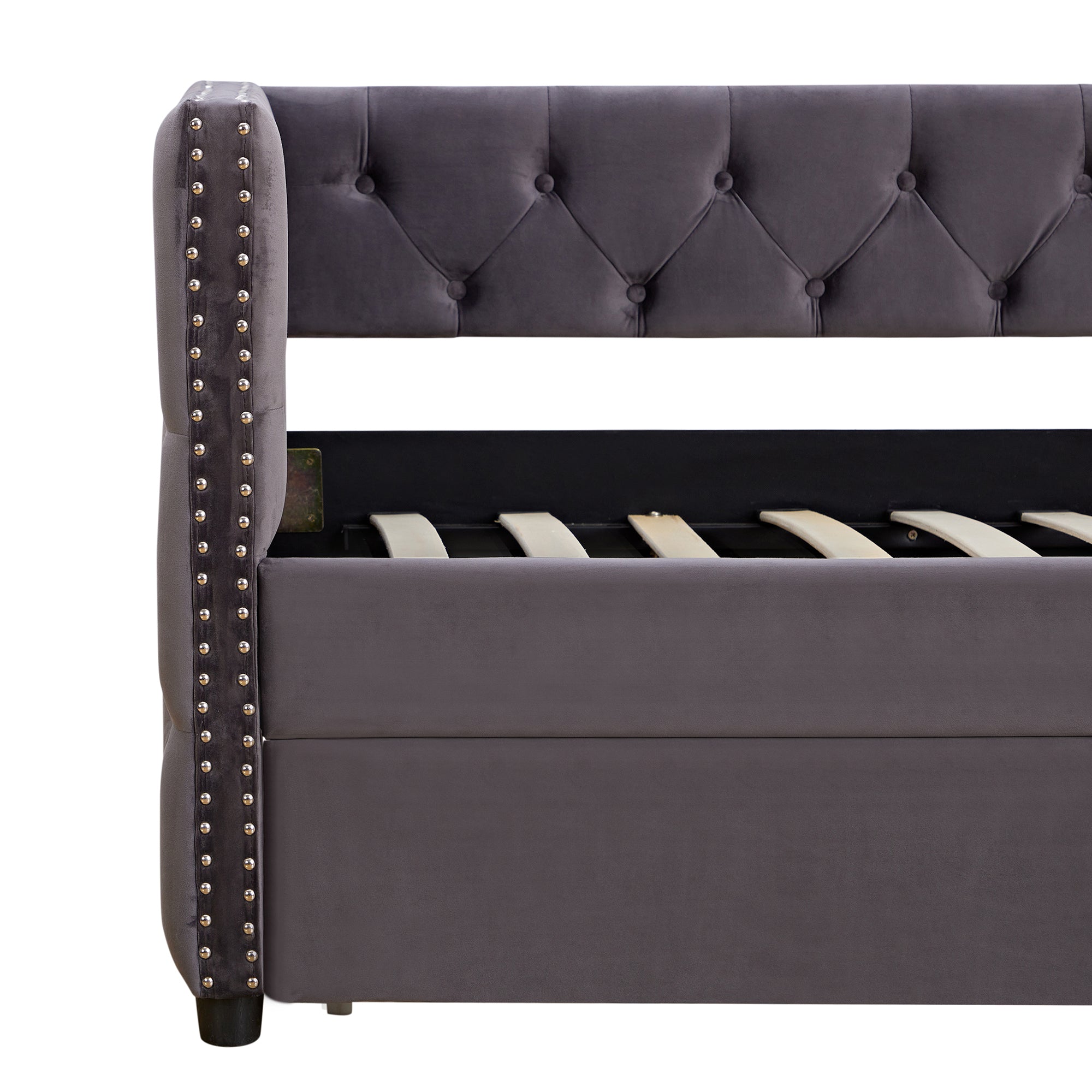 Velvet Upholstered Twin Size Button-Tufted Sofa Daybed with Trundle, Grey