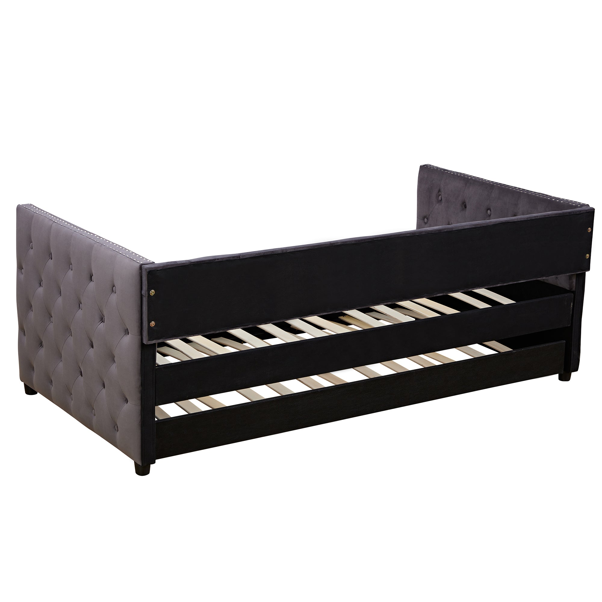 Velvet Upholstered Twin Size Button-Tufted Sofa Daybed with Trundle, Grey