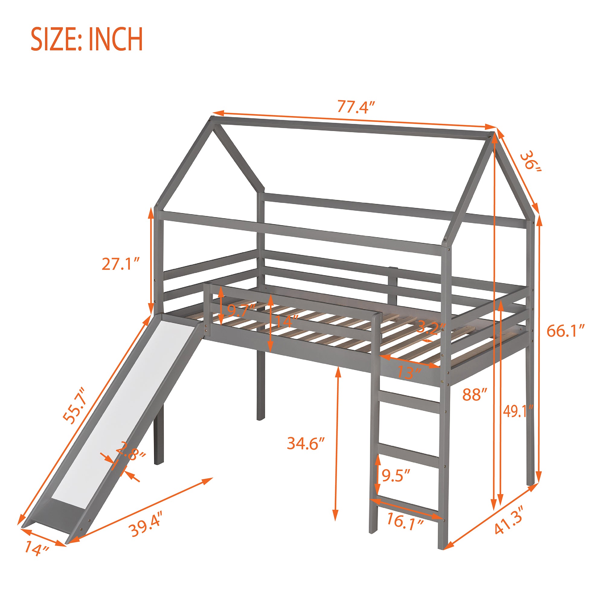 Twin Loft Bed with Slide, House Bed with Slide, Gray