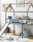 Twin Loft Bed with Slide, House Bed with Slide, Gray