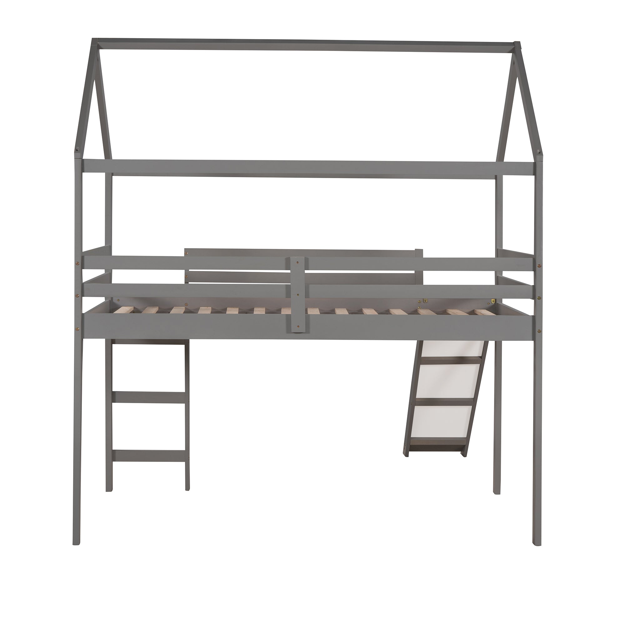 Twin Loft Bed with Slide, House Bed with Slide, Gray