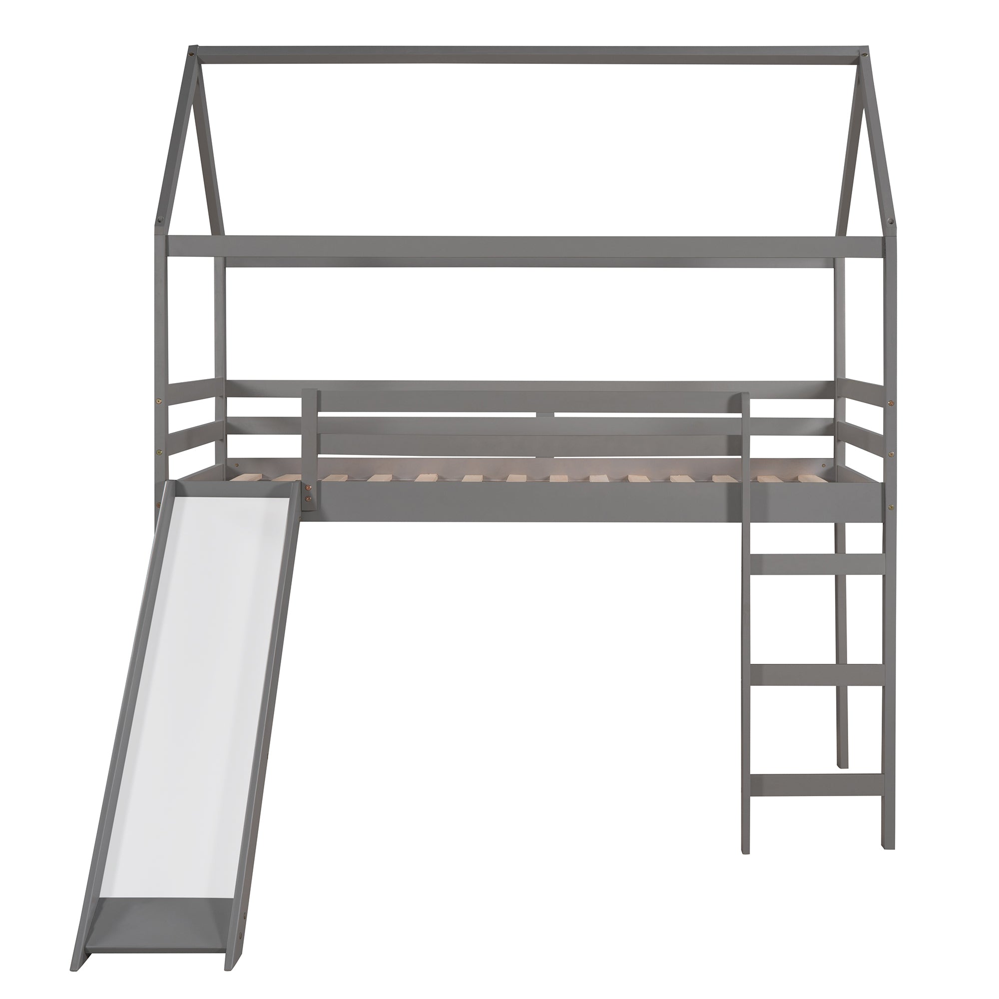 Twin Loft Bed with Slide, House Bed with Slide, Gray