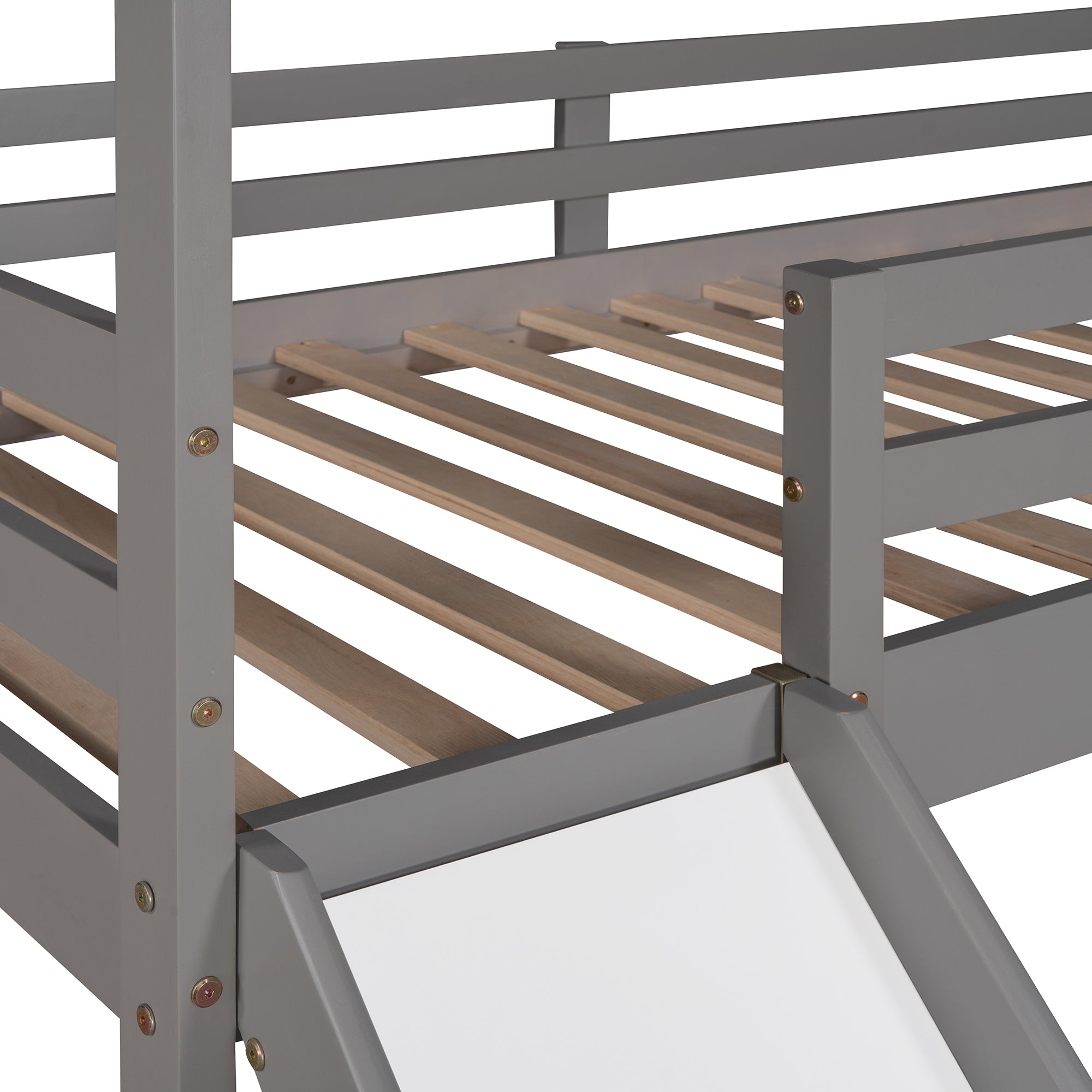 Twin Loft Bed with Slide, House Bed with Slide, Gray